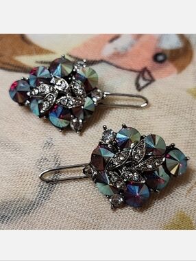 Red Blue Aurora Borealis Faceted Rivoli Crystal Hair Clip Barrettes Silver Tone